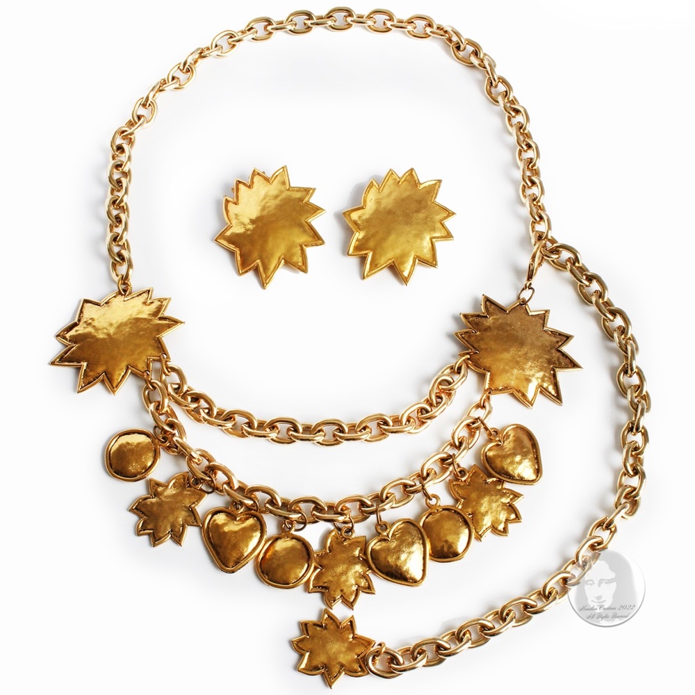 Edouard Rambaud Chain Belt and Earrings 3pc Set Charms Hearts Stars France Rare
